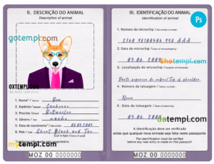 Mozambique dog (animal, pet) passport PSD template, fully editable