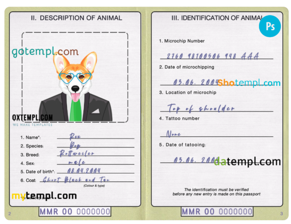 Myanmar dog (animal, pet) passport PSD template, completely editable