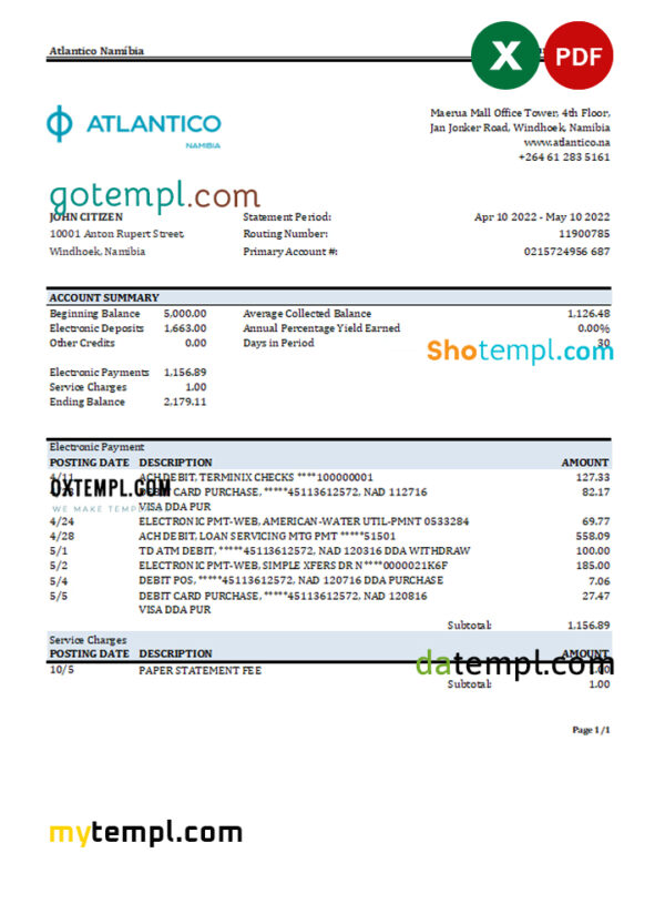 Namibia Atlantico bank statement Excel and PDF template
