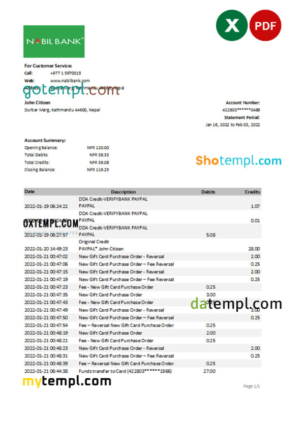 Nepal Nabil bank statement Excel and PDF template
