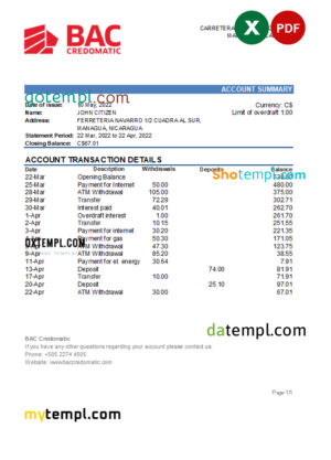 Nicaragua BAC Credomatic bank statement Excel and PDF template