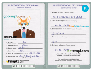 Niger dog (animal, pet) passport PSD template, completely editable