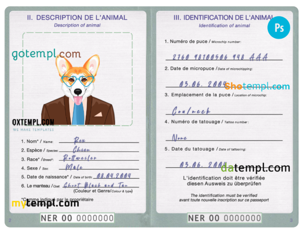 Niger dog (animal, pet) passport PSD template, completely editable