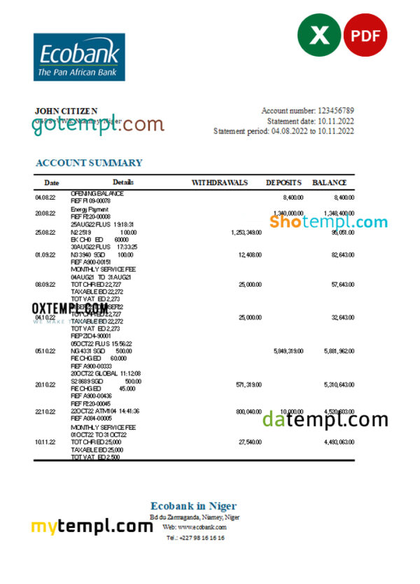 Niger Ecobank bank statement Excel and PDF template