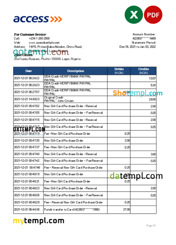 Nigeria Access bank statement Excel and PDF template