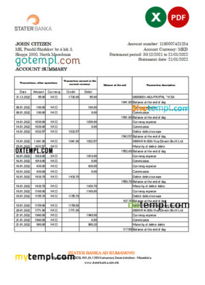 North Macedonia Stater Banka bank statement Excel and PDF template