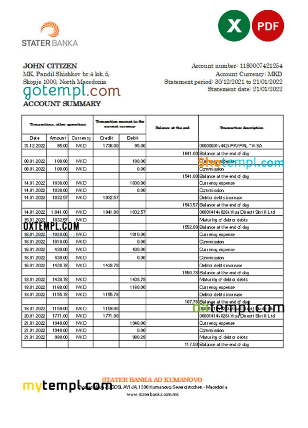 North Macedonia Stater Banka bank statement Excel and PDF template
