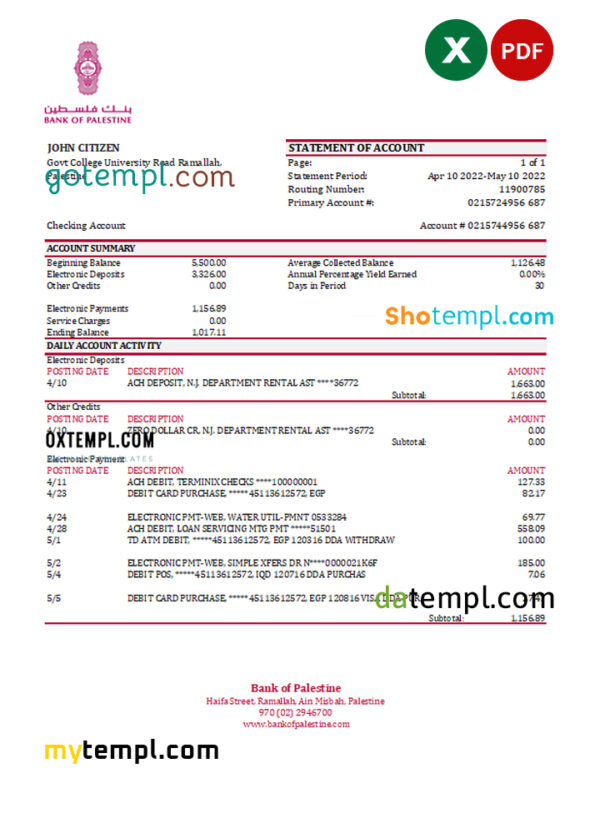 Palestine Bank of Palestine bank statement Excel and PDF template