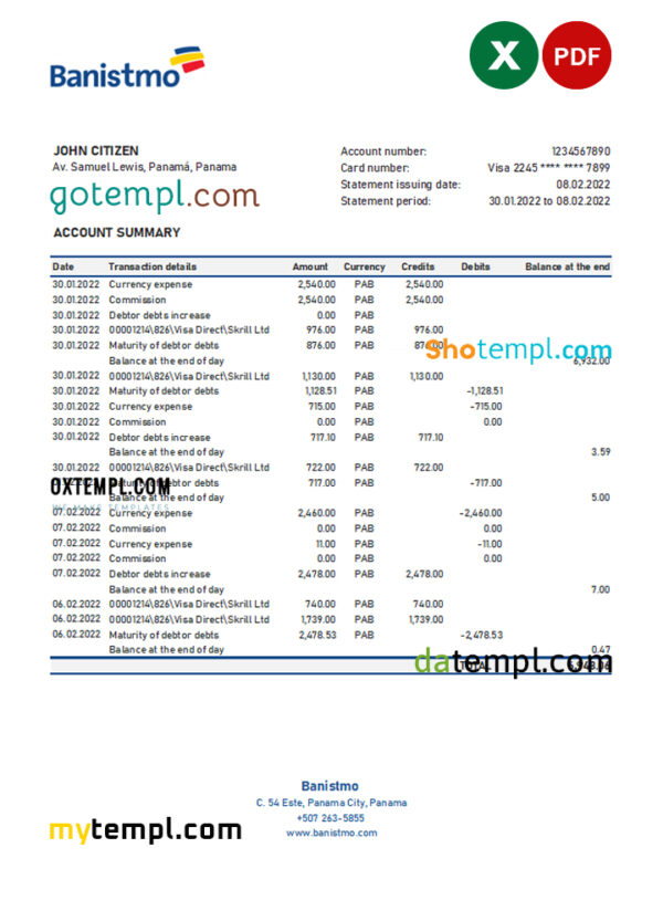 Panama Banistmo bank statement Excel and PDF template