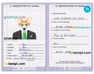 Papua New Guinea dog (animal, pet) passport PSD template, fully editable