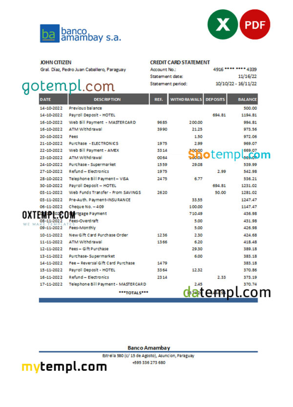 Paraguay Banco Amambay bank statement Excel and PDF template