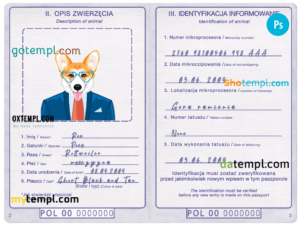 Poland dog (animal, pet) passport PSD template, fully editable