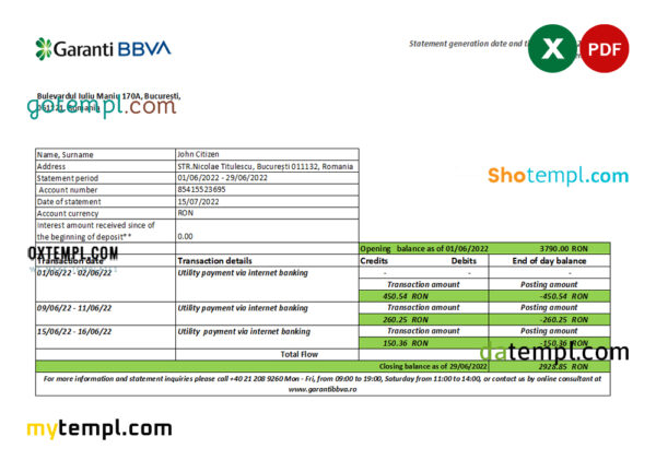 Romania Garanti BBVA bank statement, Excel and PDF template