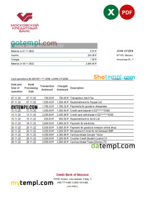 Russia Credit Bank of Moscow bank statement, Excel and PDF template