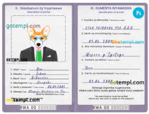 Rwanda dog (animal, pet) passport PSD template, fully editable