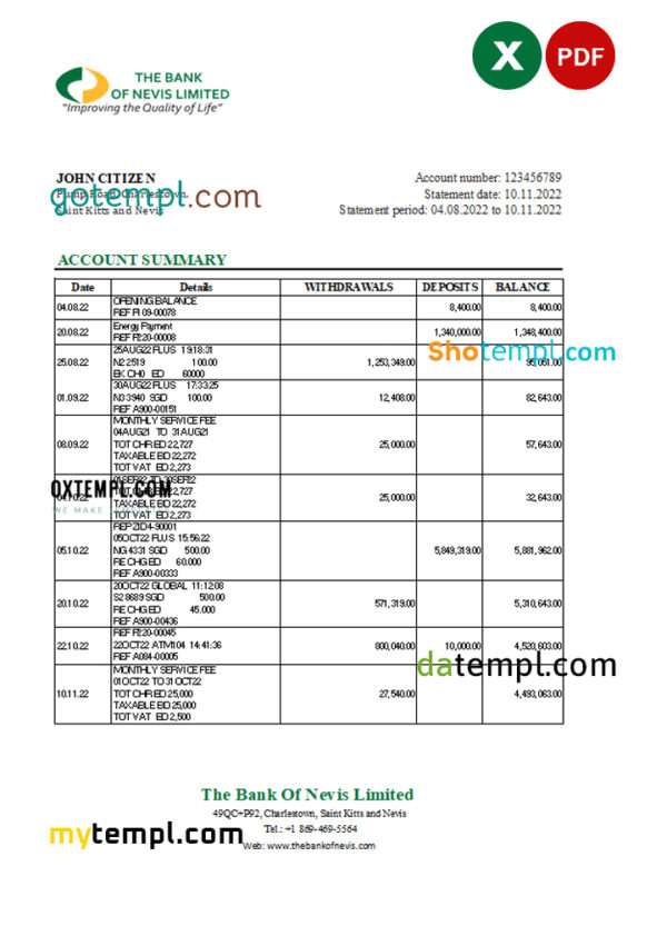 Saint Kitts and Nevis The Bank of Nevis bank statement, Excel and PDF template