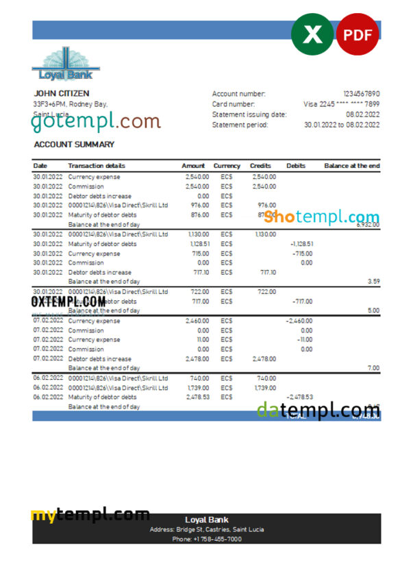 Saint Lucia Loyal bank statement, Excel and PDF template