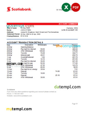 Saint Vincent and The Grenadines Scotiabank bank statement, Excel and PDF template