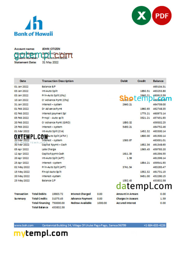 Samoa Bank of Hawaii bank statement, Excel and PDF template