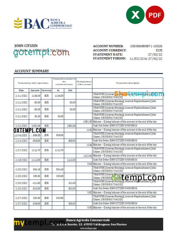 San Marino Banca Agricole Commerciale bank statement, Excel and PDF template