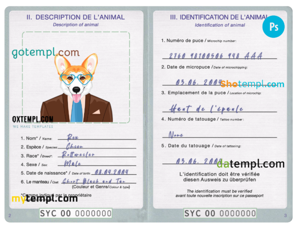 Seychellas dog (animal, pet) passport PSD template, fully editable