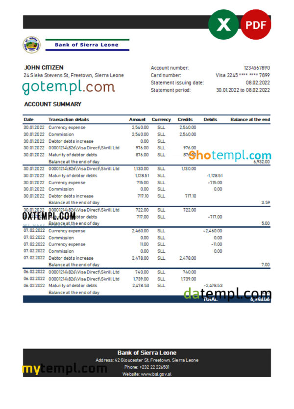 Sierra Leone Bank of Sierra Leone bank statement, Excel and PDF template