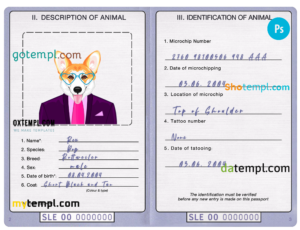 Sierra Leone dog (animal, pet) passport PSD template, fully editable