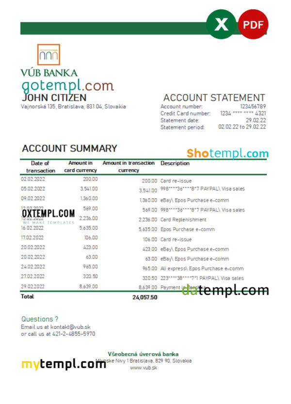Slovakia VUB bank statement, Excel and PDF template