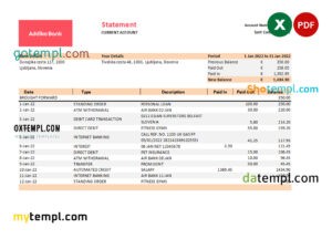 Slovenia Addiko bank statement, Excel and PDF template