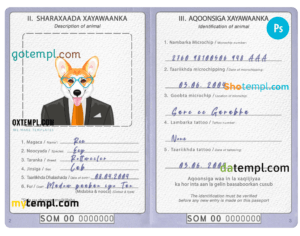 Somalia dog (animal, pet) passport PSD template, fully editable
