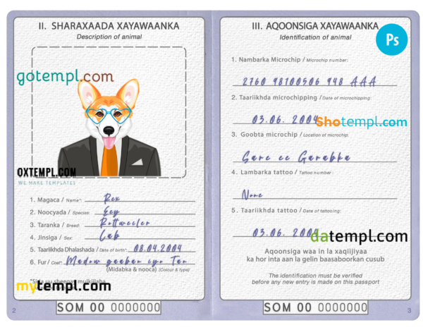 Somalia dog (animal, pet) passport PSD template, fully editable