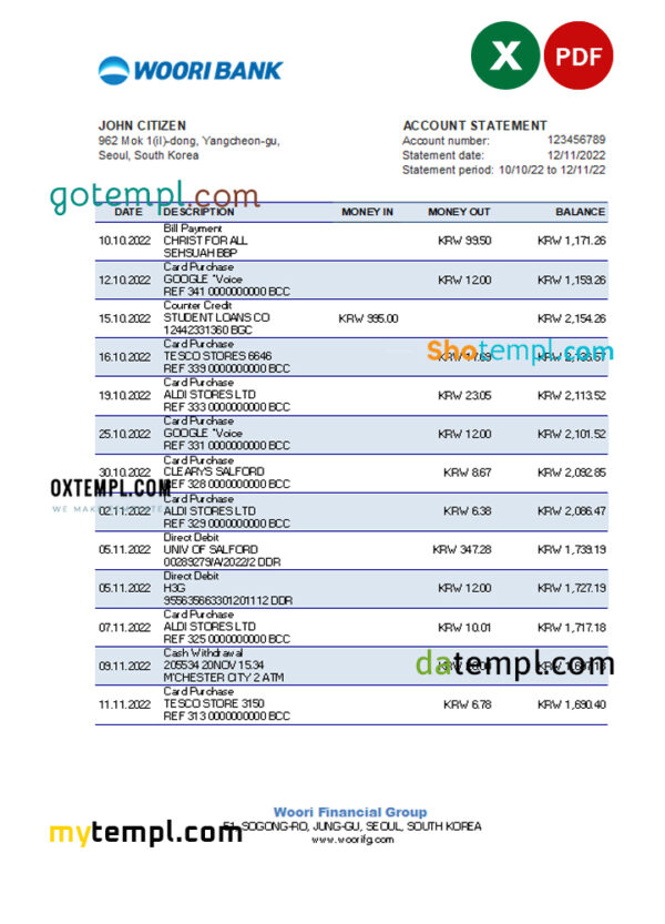 South Korea Woori bank statement, Excel and PDF template