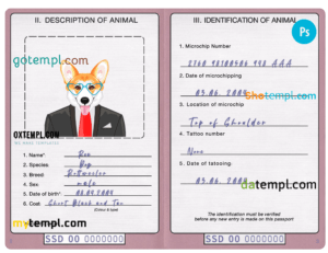 South Sudan dog (animal, pet) passport PSD template, fully editable