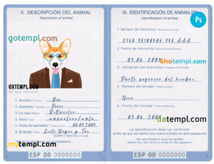 Spain dog (animal, pet) passport PSD template, completely editable