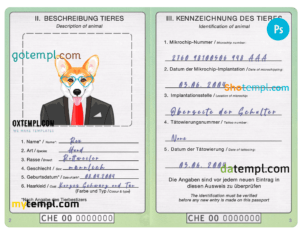 Switzerland dog (animal, pet) passport PSD template, fully editable