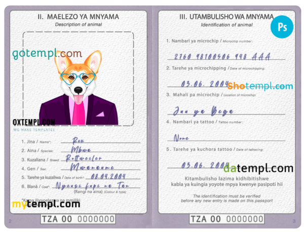 Tanzania dog (animal, pet) passport PSD template, completely editable