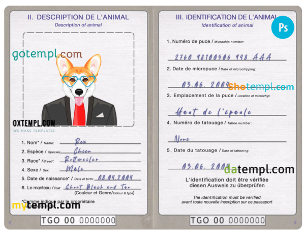 Togo dog (animal, pet) passport PSD template, completely editable