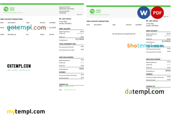 USA Green Dot bank statement Word and PDF template, 3 pages