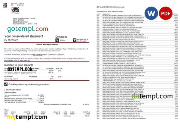 USA Texas IBC bank statement Word and PDF template, 5 pages