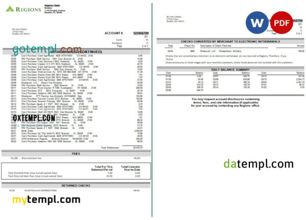 USA Regions bank statement Word and PDF template, 3 pages