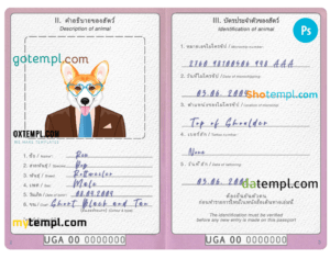 Uganda dog (animal, pet) passport PSD template, fully editable