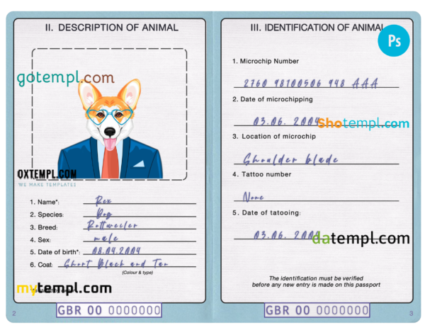 United Kingdom dog (animal, pet) passport PSD template, fully editable