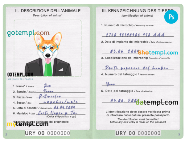 Uruguay dog (animal, pet) passport PSD template, completely editable