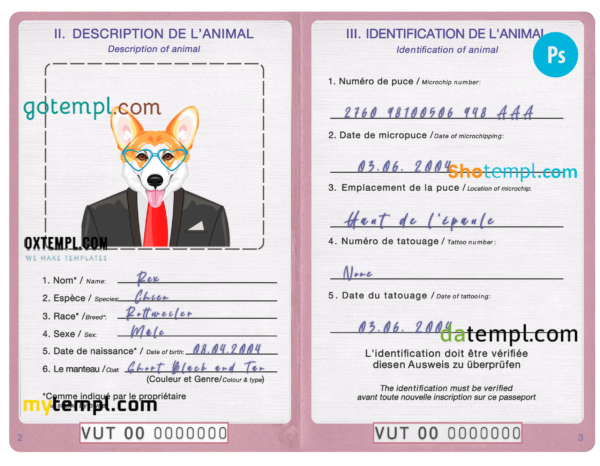 Vanuatu dog (animal, pet) passport PSD template, completely editable