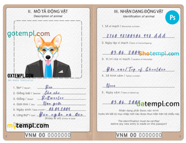 Vietnam dog (animal, pet) passport PSD template, fully editable