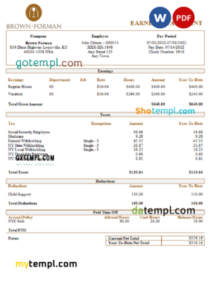 USA Brown Forman alcoholic  beverages company pay stub Word and PDF template