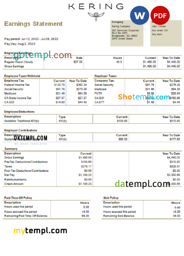 USA Kering luxury goods company pay stub Word and PDF template