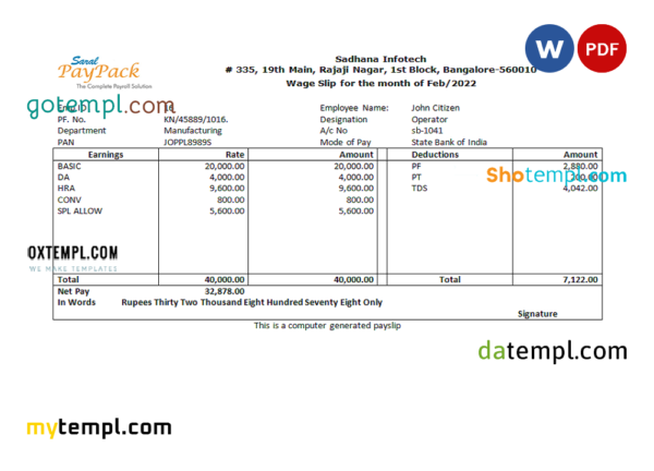 India Sadhana infotech pharmaceutical company pay stub Word and PDF template