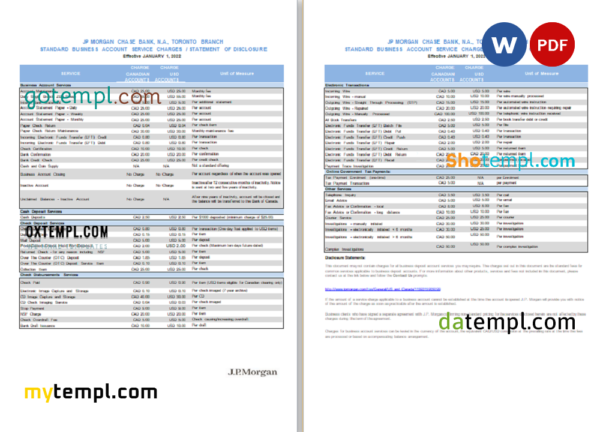 USA JP Morgan bank statement Word and PDF template, 2 pages, version 2