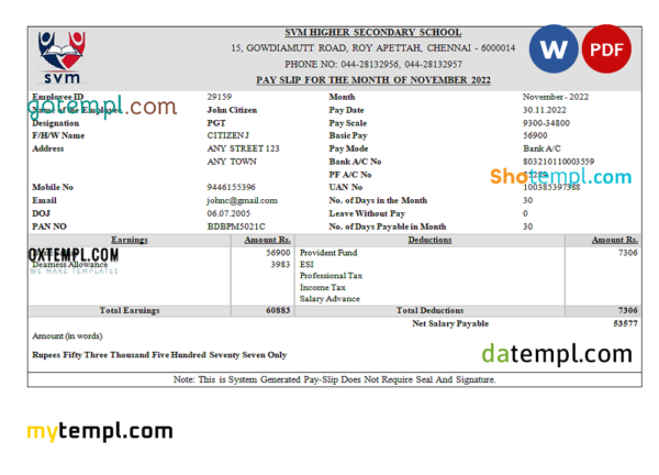 India SVM HIGHER SECONDARY SCHOOL educational company pay stub Word and PDF template